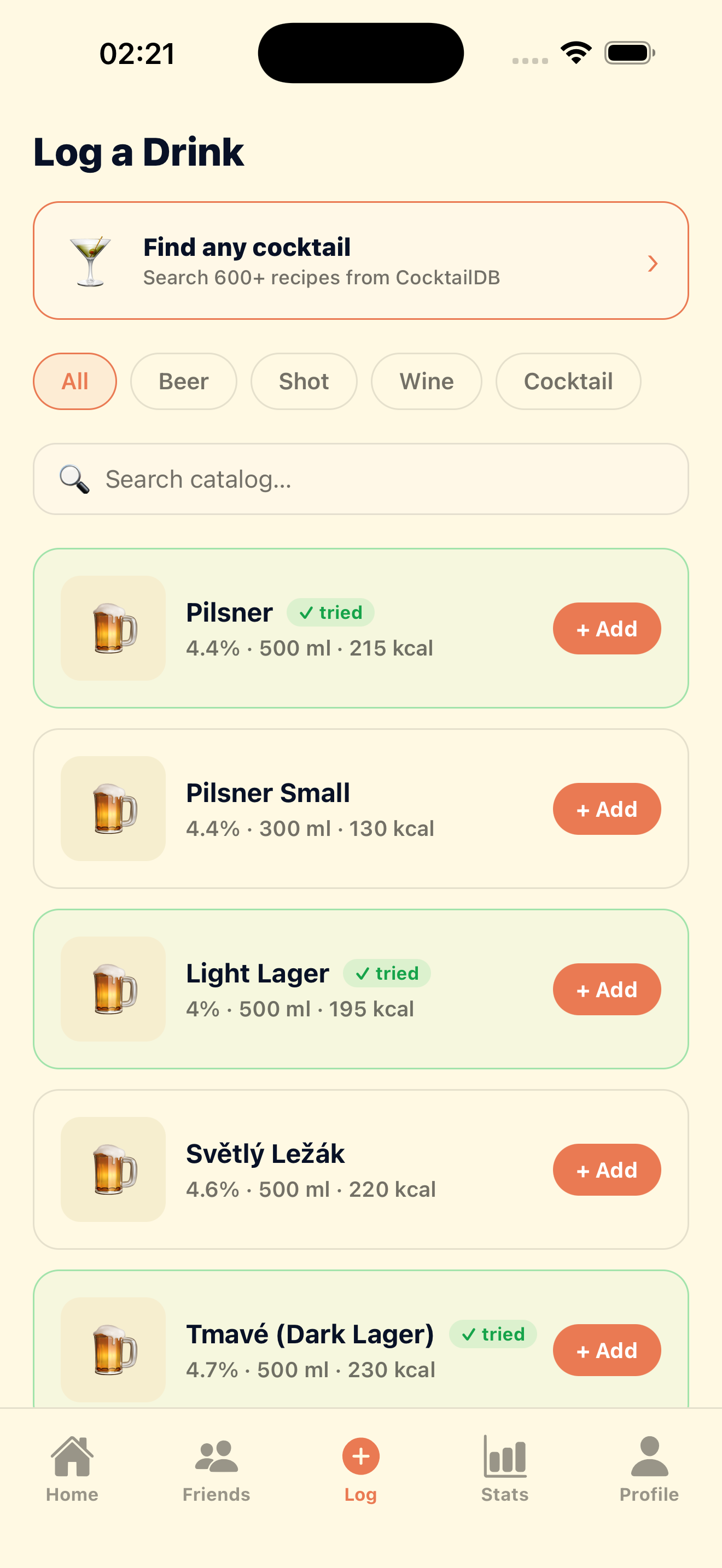 Drink catalog with beer, shot, wine, cocktail filters