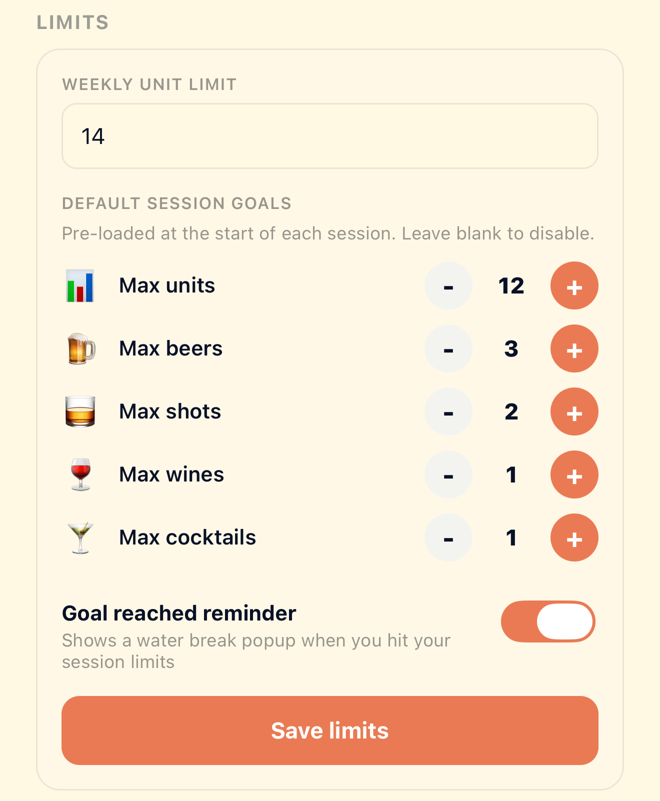Limits settings with weekly units and per-category goals