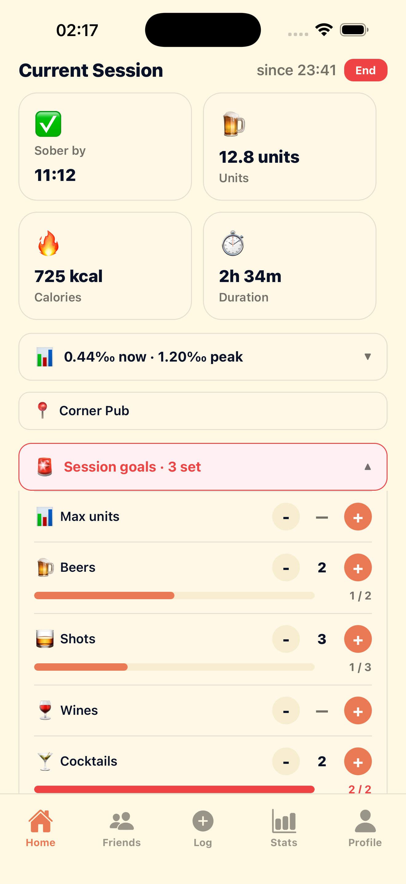 Current session screen showing units, calories and goal progress